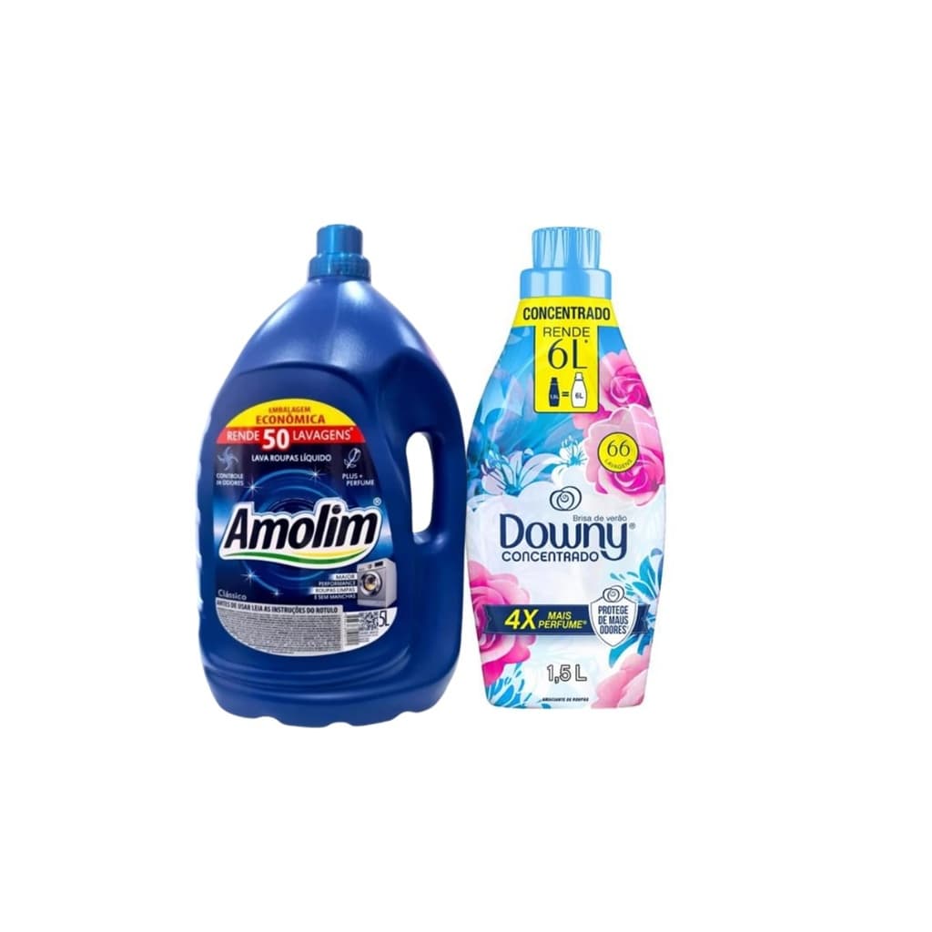 Kit lava roupa líquido 5L Amoli e amaciante Downy concentrado 1,5L lado a lado
