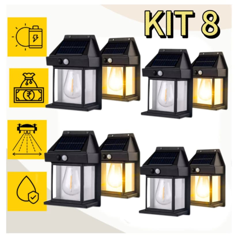 Kit 8 luminárias arandela vintage com placa solar e sensor de movimento