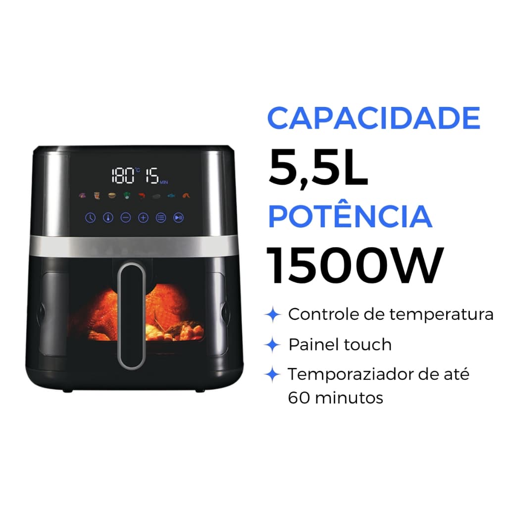 Air Fryer Gaabor 5,5L 1500W – Digital Touch, Visor Transparente, Sem Óleo, 127V/220V