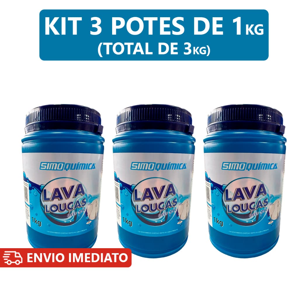 Kit com 3 potes de 1kg de detergente em pó SIMO QUIMICA para máquina de lavar louças