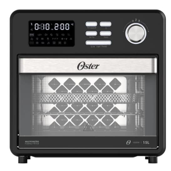 Forno e fritadeira Oster 15L multifunções, ângulo frontal, display digital, logotipo Oster, porta de vidro, grelha interna.