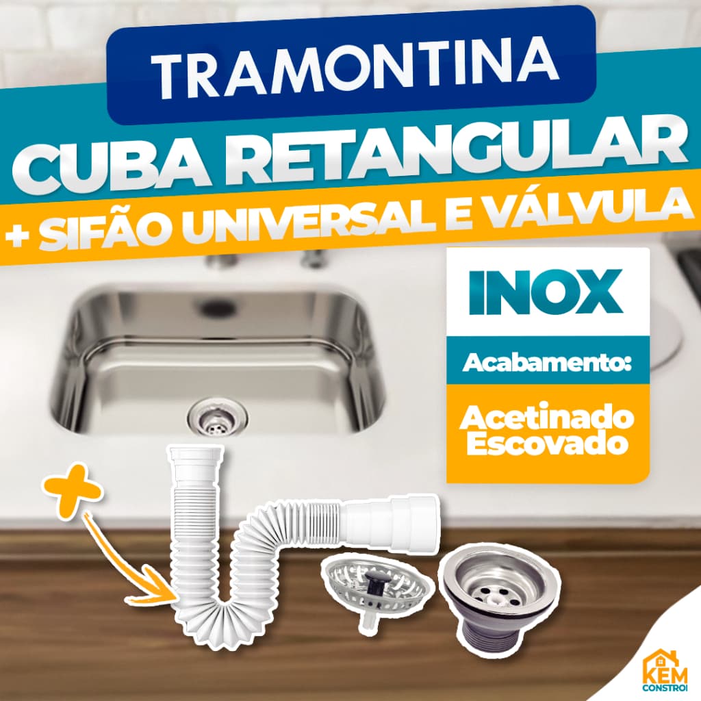 Cuba para Cozinha Gourmet Pia Inox Retangular 40cm/47cm/56cm Tramontina + Sifão Universal e Válvula