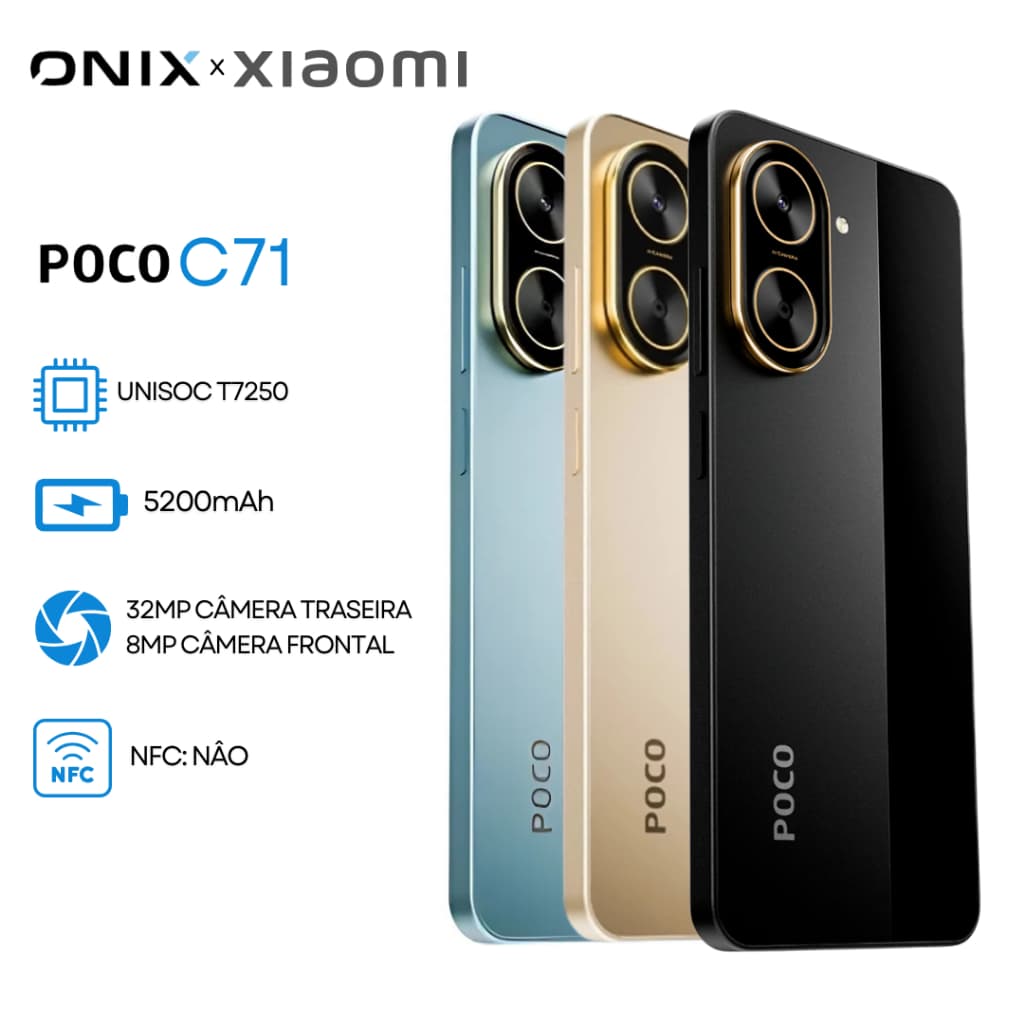 Xiaomi Poco C71 4G 64GB+3GB RAM, 128GB+4GB RAM, Processador UNISOC T7250, Câmera 32 MP, Bateria 5200mAh,, Versão Global