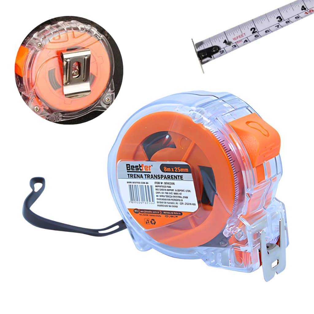 Trena métrica transparente de 25mm com suporte de cinto e alça, marca Bestfer.