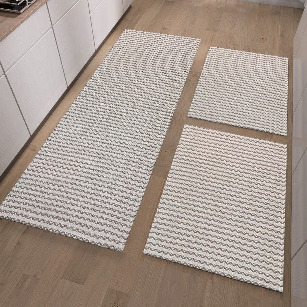 Kit de tapetes cinza e branco com padrão ziguezague para cozinha