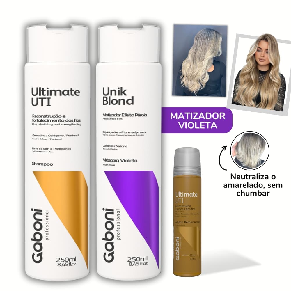 Tratamento matizador para loiros e grisalhos - Shampoo + Máscara Matizadora Violeta  + Ampola Gaboni