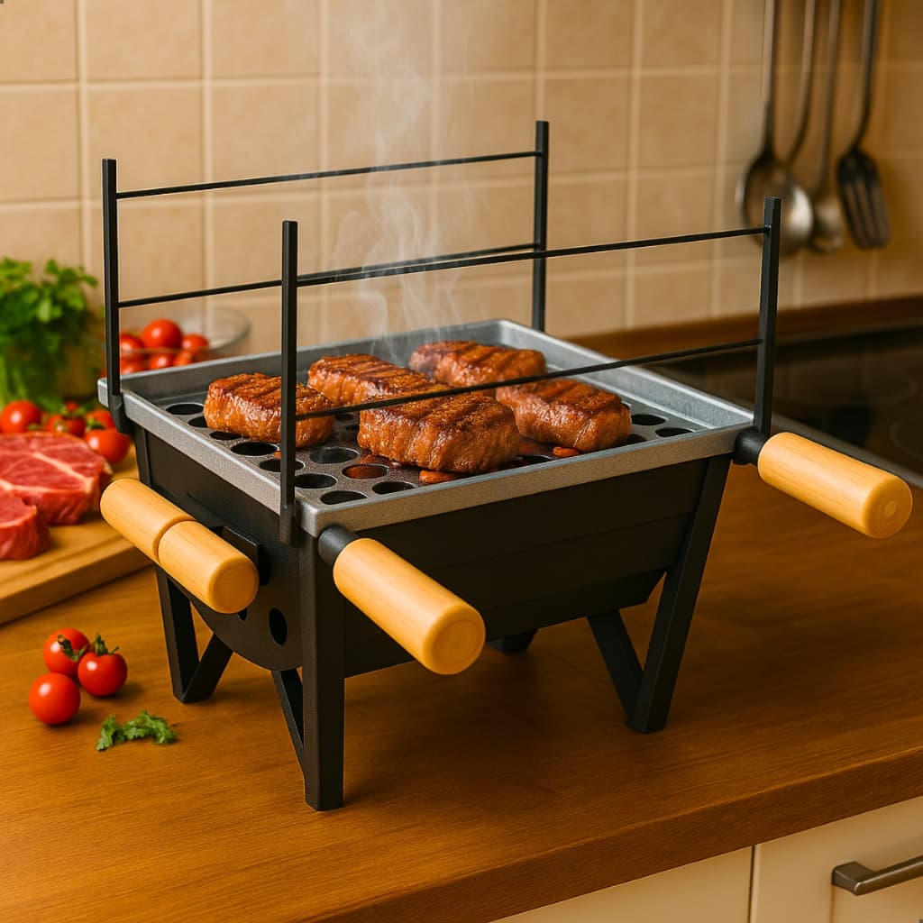 Churrasqueira de mesa portátil a carvão, três andares, grelha com carnes assadas, preta