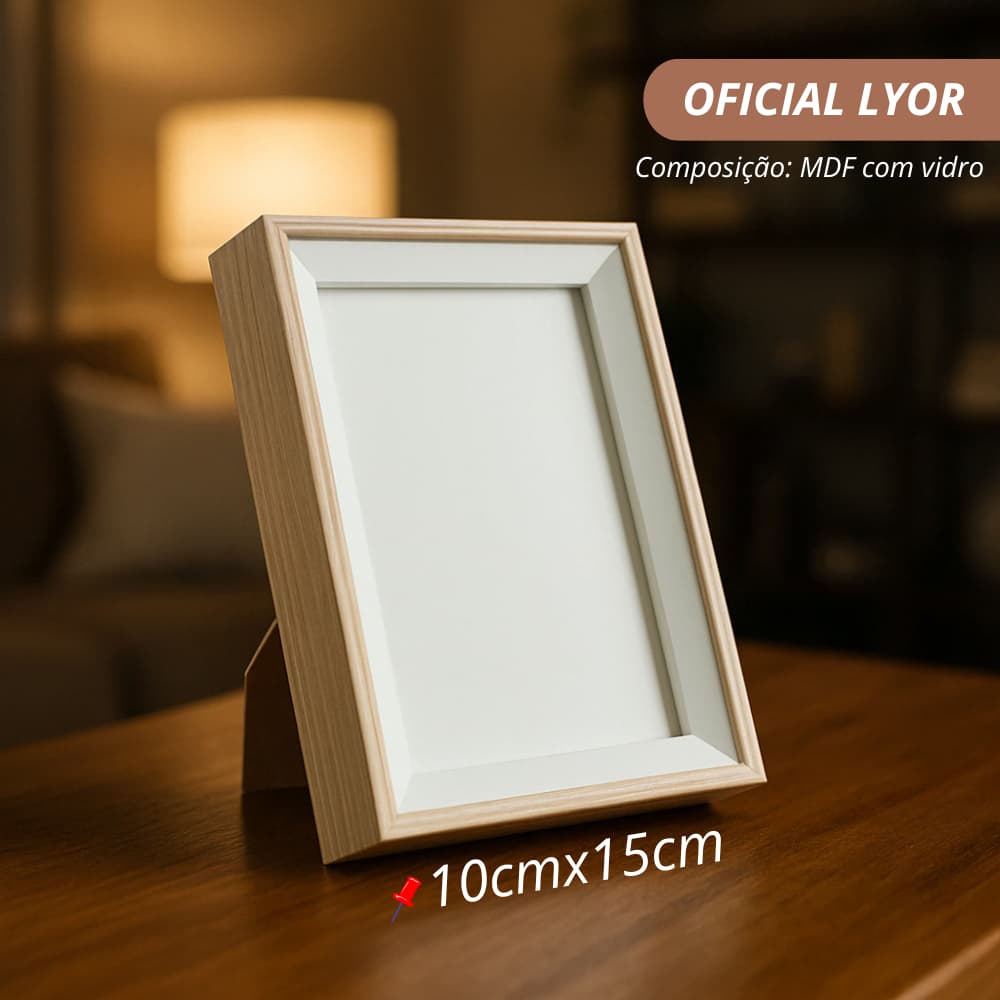 Porta retrato em MDF Lyor bege e branco com vidro transparente 10x15 cm