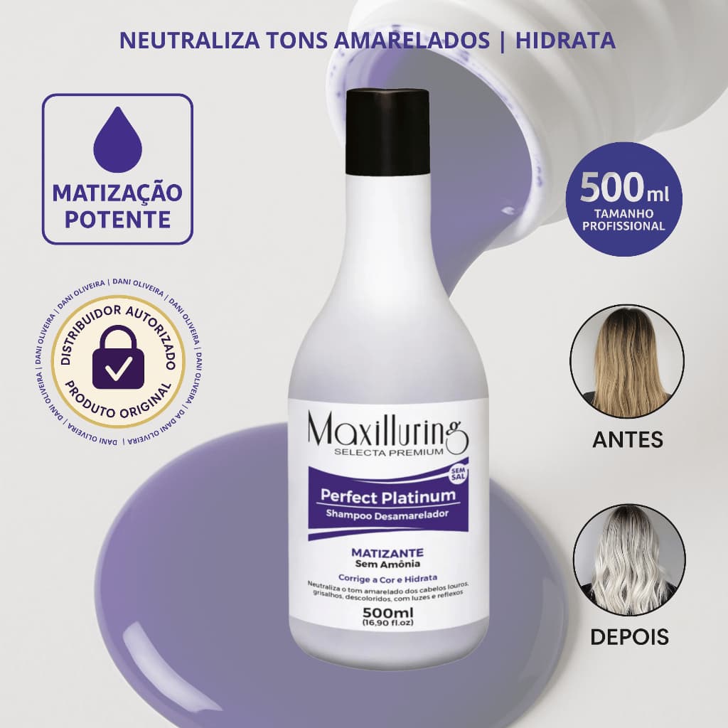 Shampoo Maxilluring Matizador Platinum Desamarelador Rápido Cabelos Loiros, Grisalhos, Descoloridos