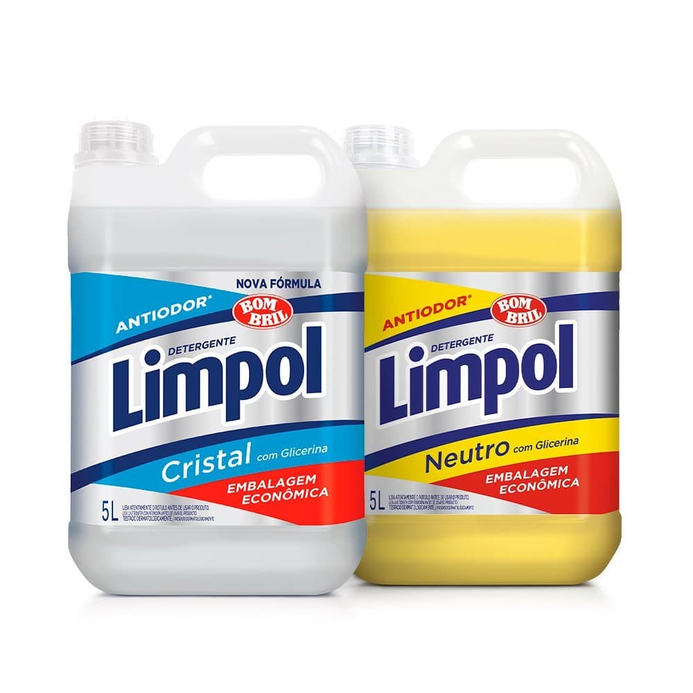 Detergente Limpol 5L com Glicerina, frascos branco e amarelo, fundo branco, rótulos vermelhos e brancos.