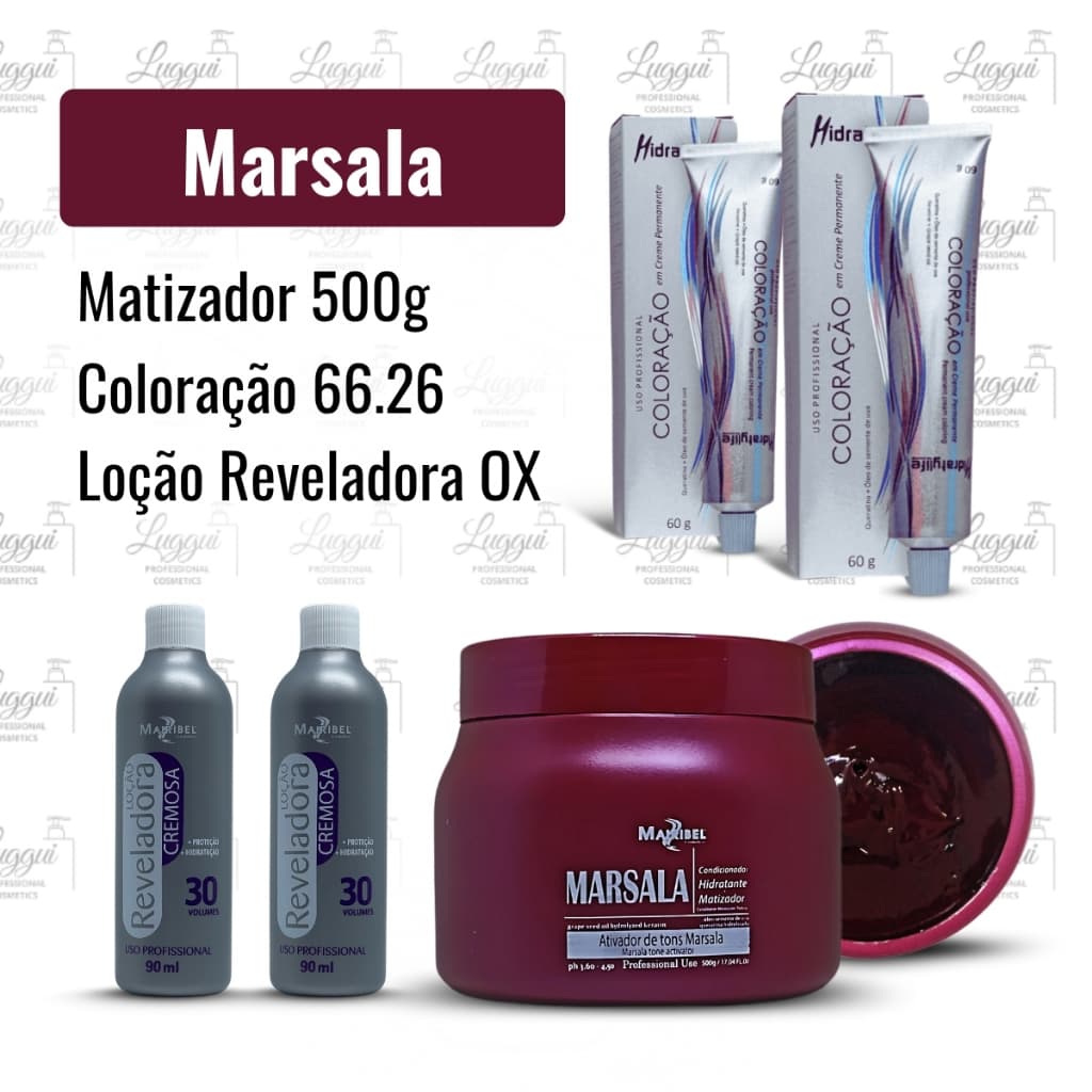 Combo Cabelos Vinho Marsala com Coloração 66.26 + Matizador Marsala 500g + OX 20 vol. Mairibel
