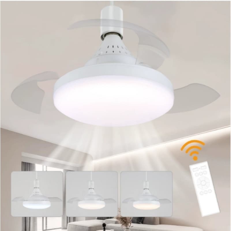 Ventilador de teto retrátil branco com três lâmpadas LED de 30W, com controle remoto