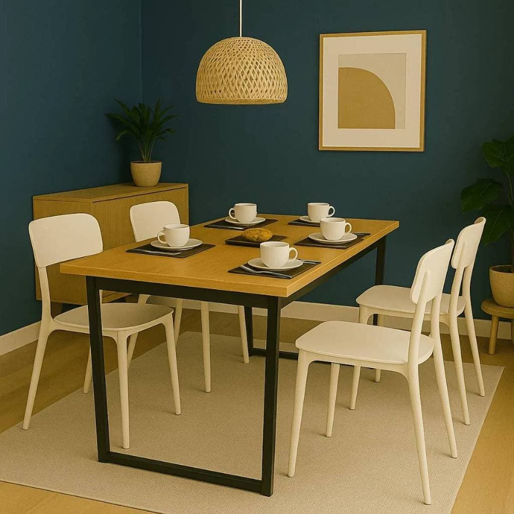 Conjunto mesa de jantar com 4 cadeiras brancas estilo industrial, fundo verde escuro