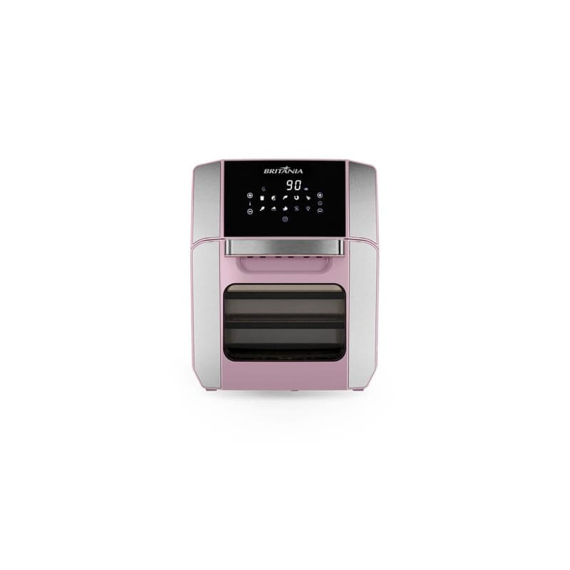 Fritadeira de Ar Rosa Britânia 12L 1800W BFR2150RS, com display digital e porta de vidro transparente, em fundo branco.