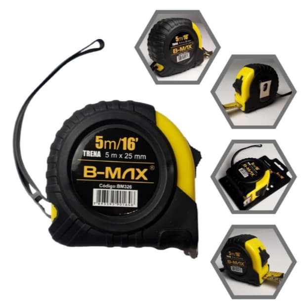 Trena métrica profissional B-MAX de 5 metros com trava e fita de aço, 5m x 25mm, preto e amarelo
