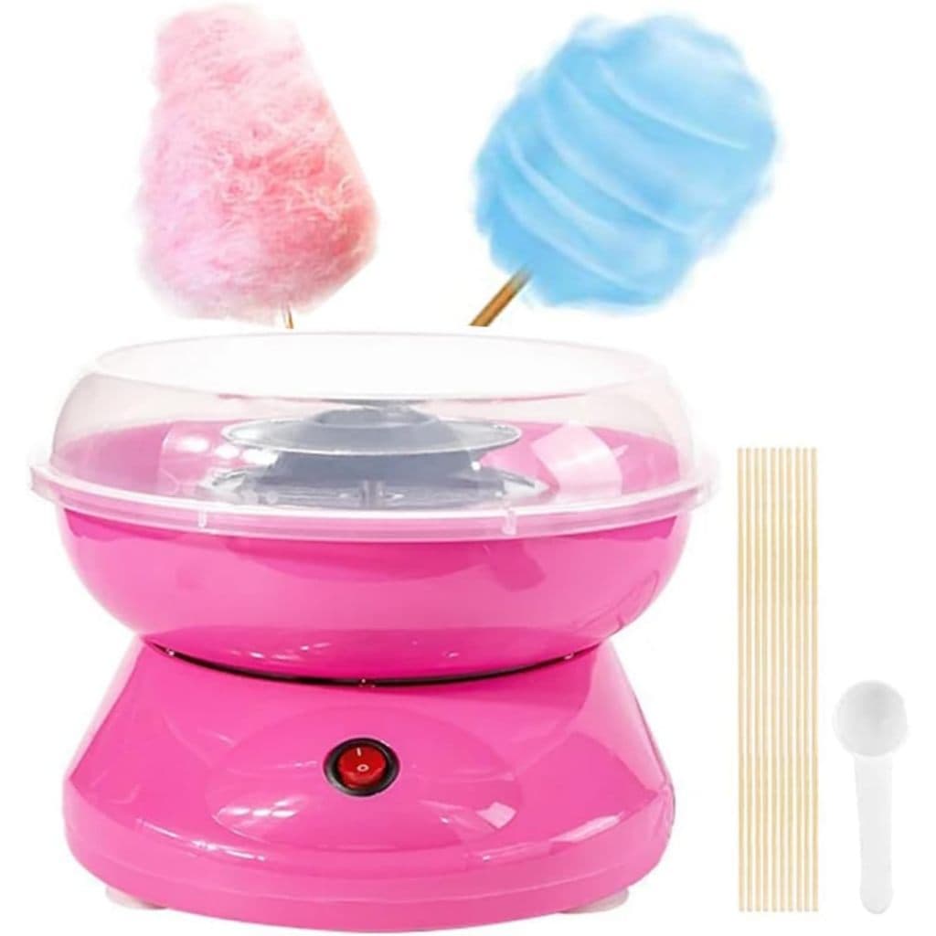 Maquina de algodao doce eletrico portatil cor rosa com algodao doce pronto