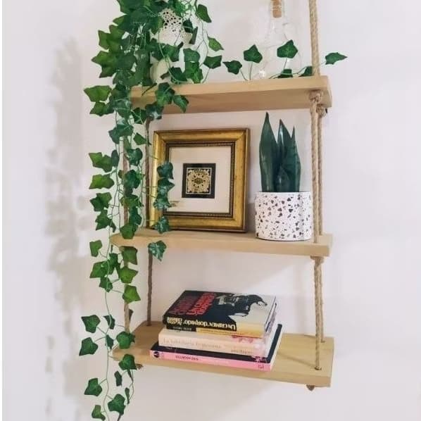 Prateleira 3 andares 60CM suspensa com corda de sisal