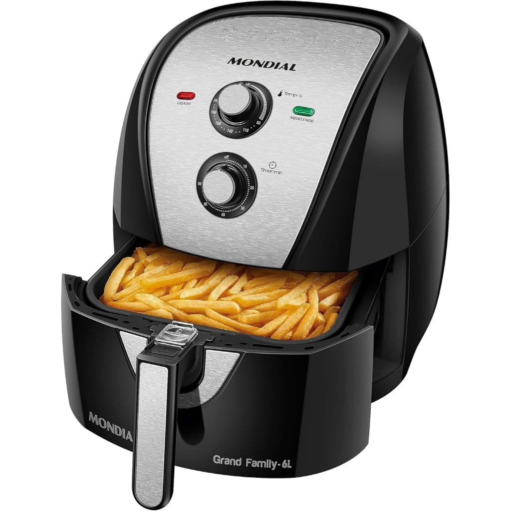 Fritadeira elétrica Mondial AFN-60-BI com batatas fritas, controle de temperatura e botão liga/desliga, em fundo branco.