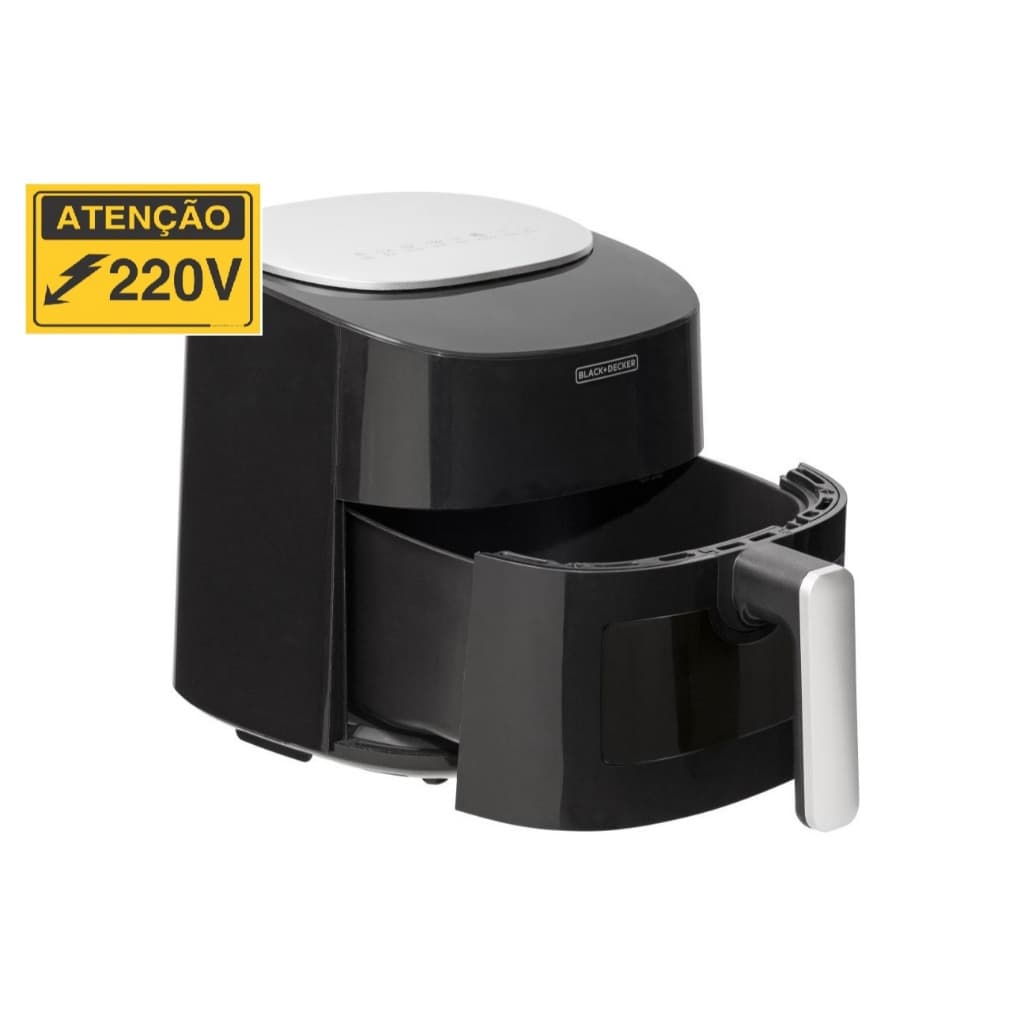 Fritadeira elétrica Black+Decker AFMDV360-B2 preta com compartimento aberto, etiqueta de atenção 220V