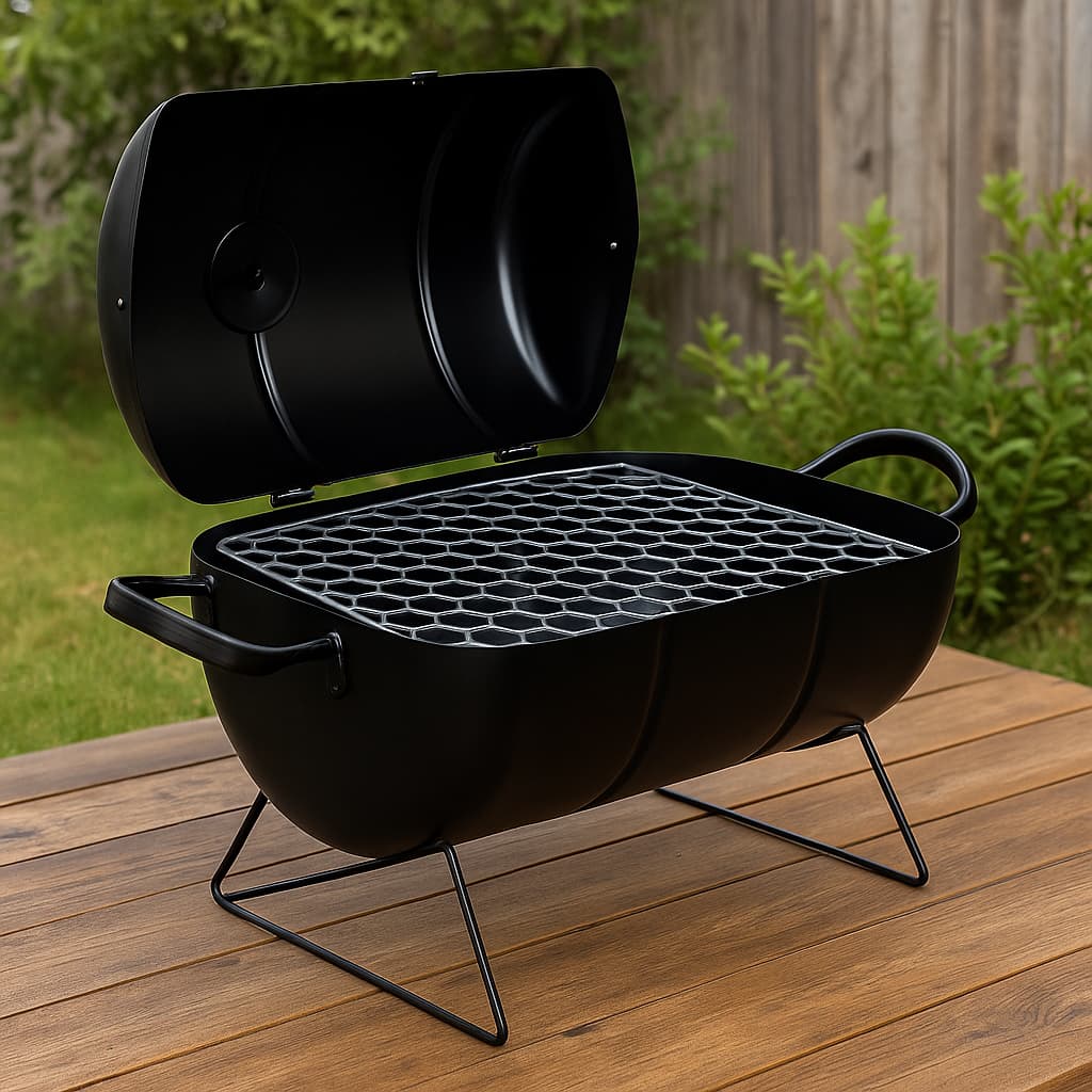Churrasqueira a bafo mini preta portátil com grelha hexagonal, pronta para uso em casa, camping ou pesca.