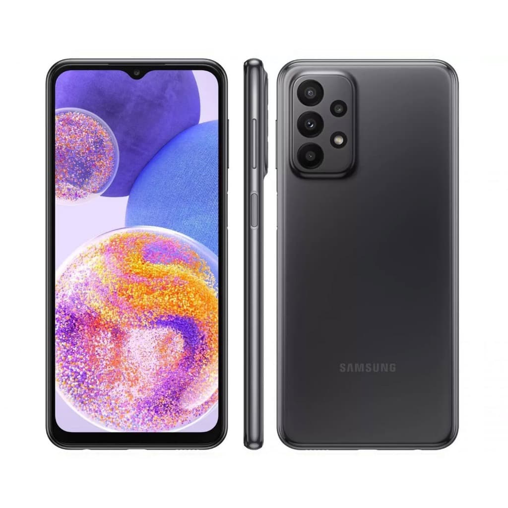 Smartphone Samsung Galaxy A23 4G preto com tela e traseira visíveis