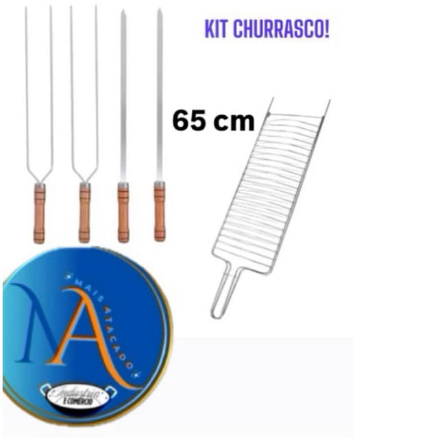 Kit churrasco com grelha dupla 58x17 cm e espetos cabo madeira 65 cm