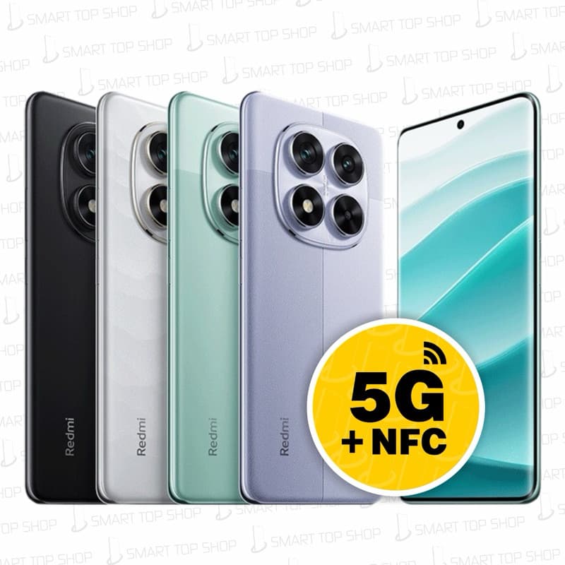 Xiaomi Redmi Note 14 Pro 5G em várias cores com câmera traseira quadrada e texto 5G + NFC