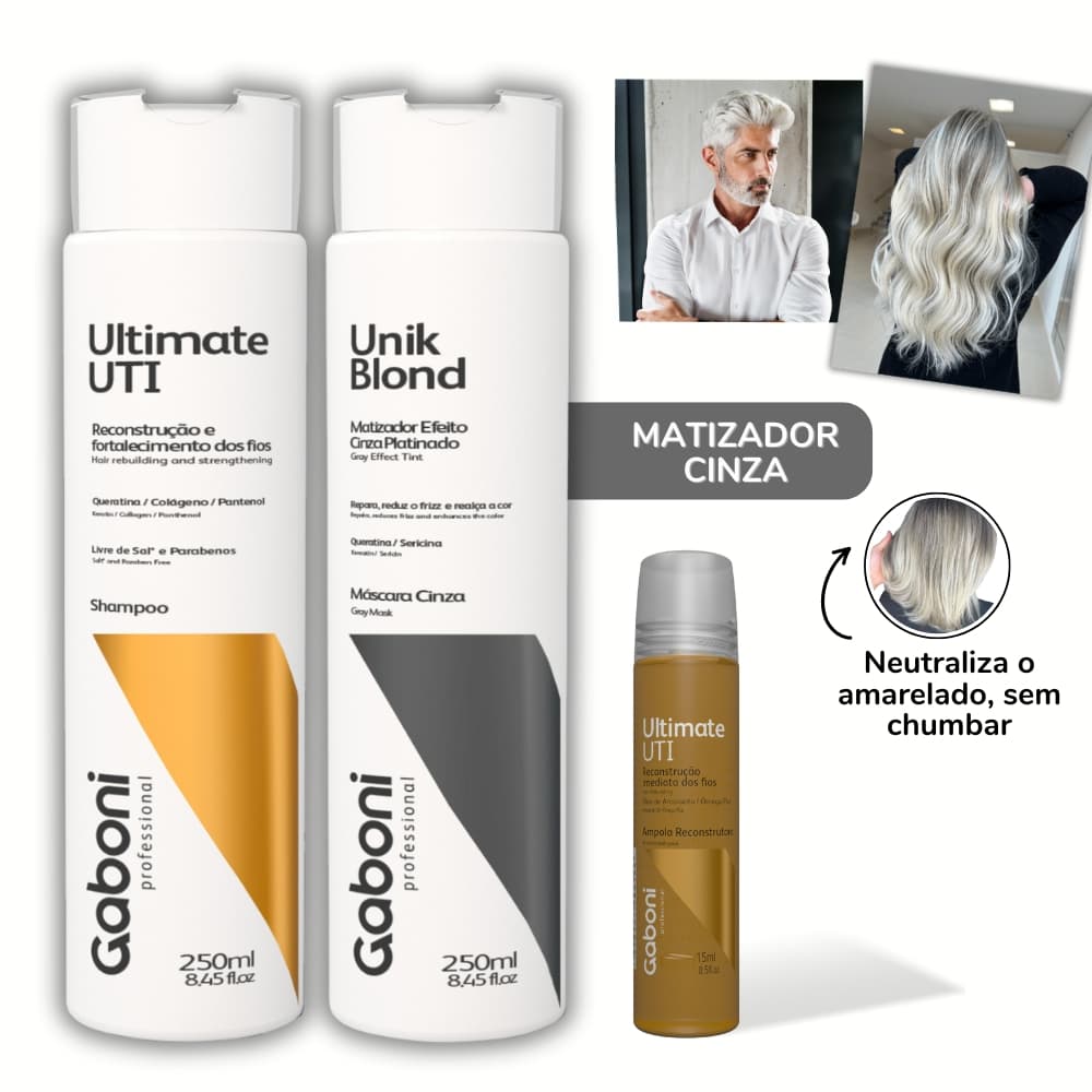 Tratamento matizador para loiros e grisalhos - Shampoo + Máscara Matizadora Cinza  + Ampola Gaboni