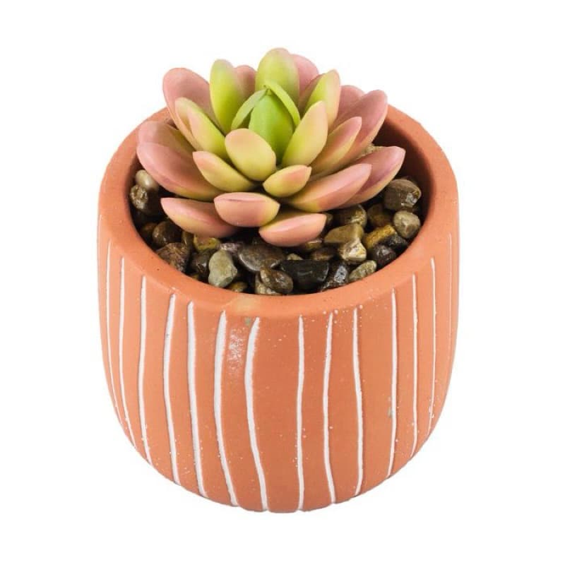 Vaso cerâmica barro com planta artificial rosa e verde 10x9x9cm