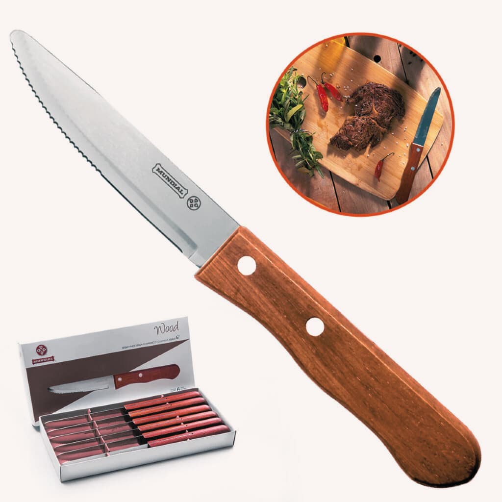 Jogo de Facas Luxo Premium Outback Cabo Madeira Jumbo 6 peças Aço inox Casa Churrasco Carne Mundial