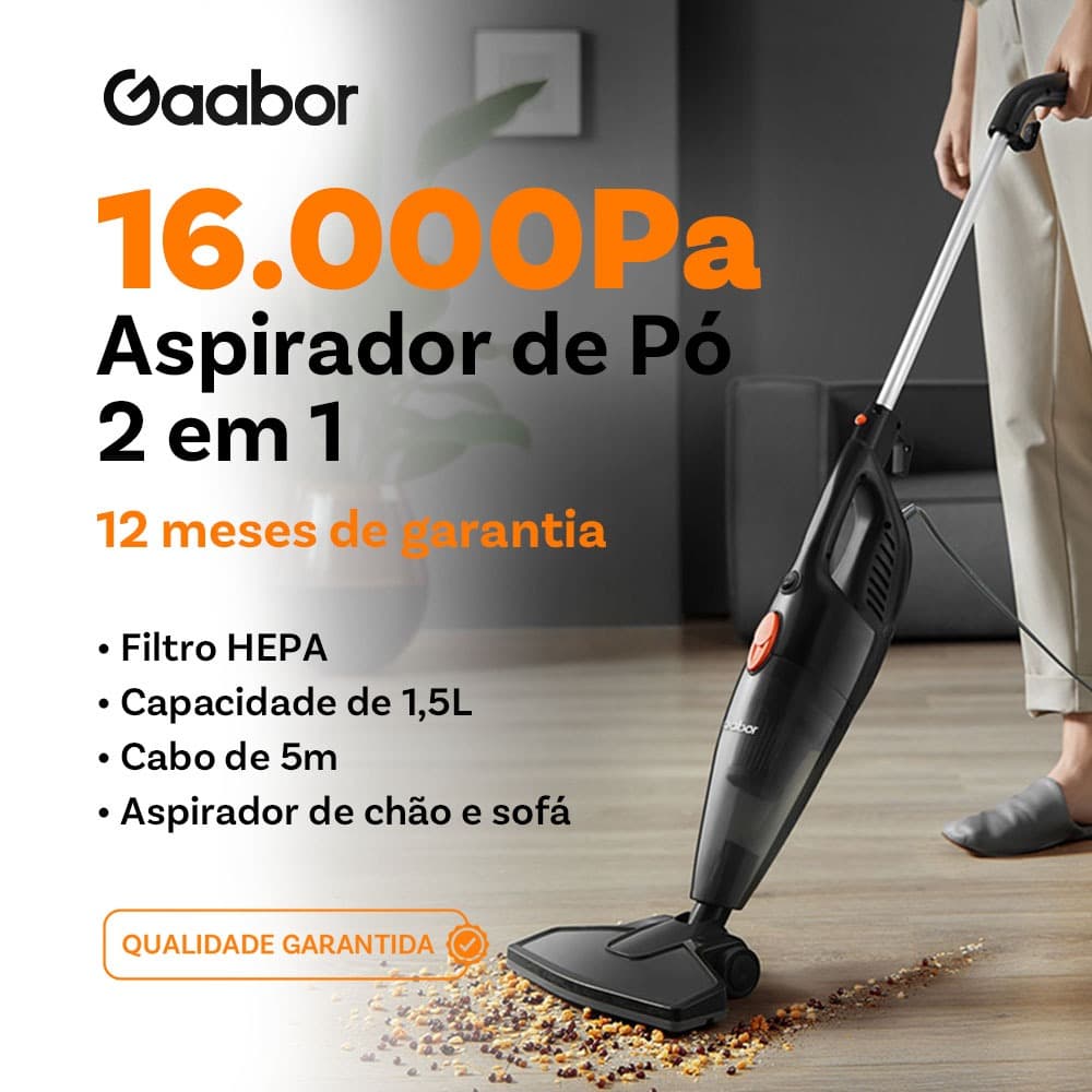 Aspirador de pó 2 em 1 Gaabor 16000 Pa com filtro HEPA e capacidade de 1,5L