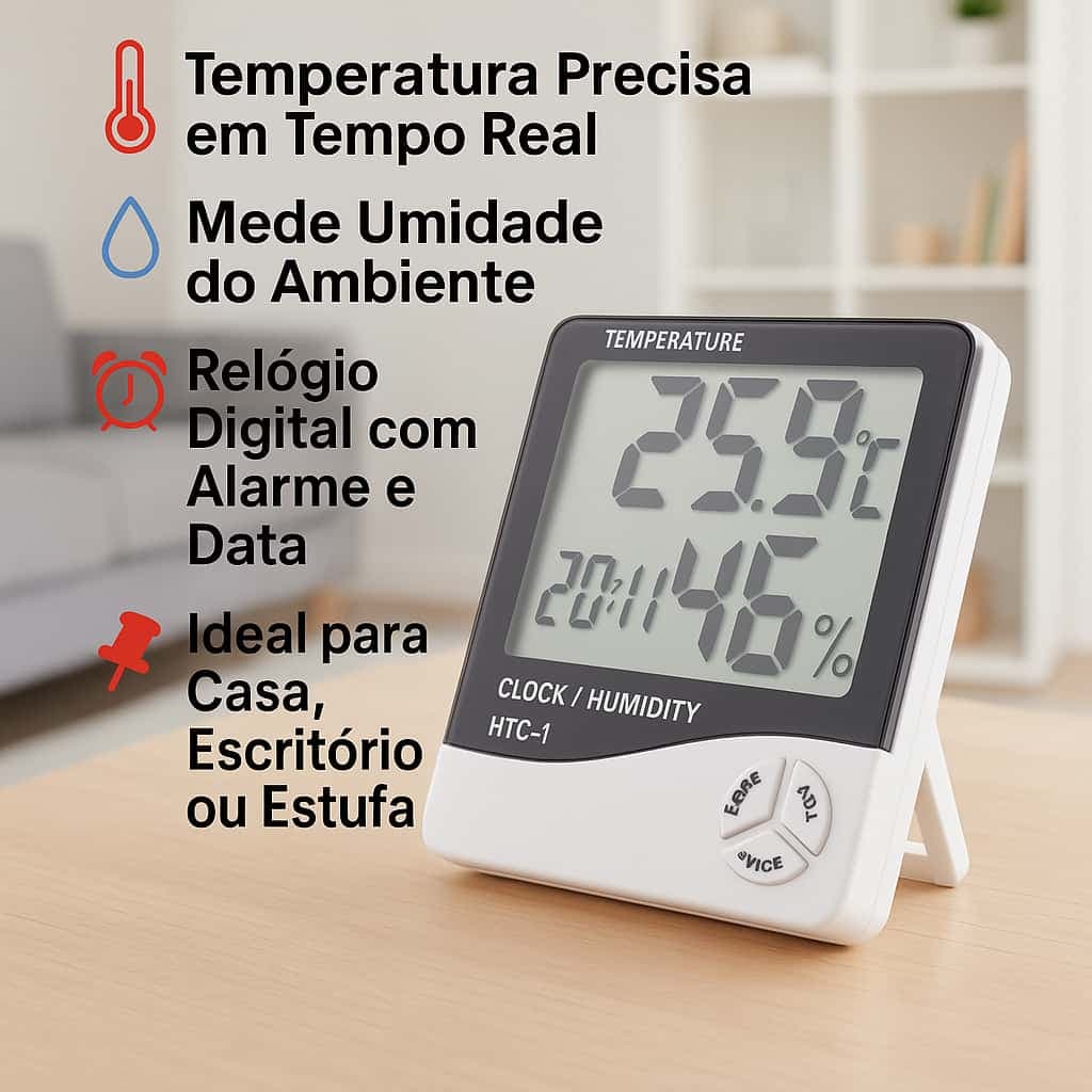 Termo-higrômetro digital 3 em 1 branco e preto com tela digital mostrando temperatura, umidade e hora.