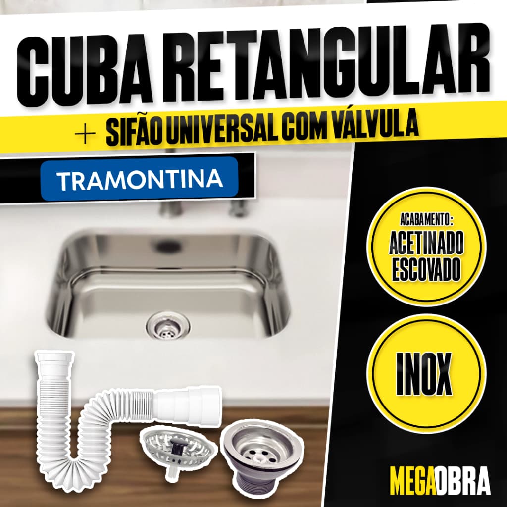 Cuba para Pia Gourmet Pia Inox Retangular 40 X 34 X 14,5 Tramontina + Sifão Universal e Válvula