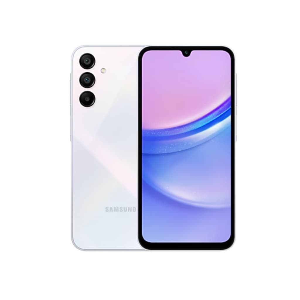 Smartphone Samsung Galaxy A15 4G 128GB, 4GB RAM, cor Azul Claro, frente e verso, em fundo branco