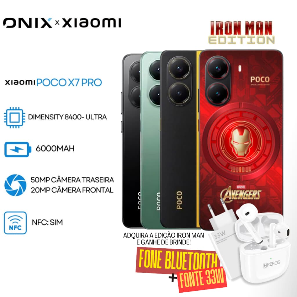 Xiaomi Poco X7 PRO 5G Iron Man Edition com Dimensity 8400-Ultra, 6000mAh, câmera 50MP traseira e 20MP frontal, NFC/SIM, fone Bluetooth e fonte 33W