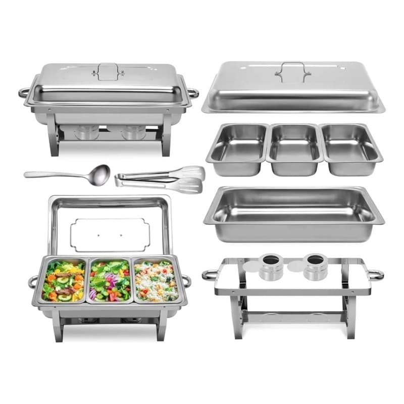 Rechaud retangular 12L com 3 compartimentos em aço inoxidável para buffet com tampas e bandejas