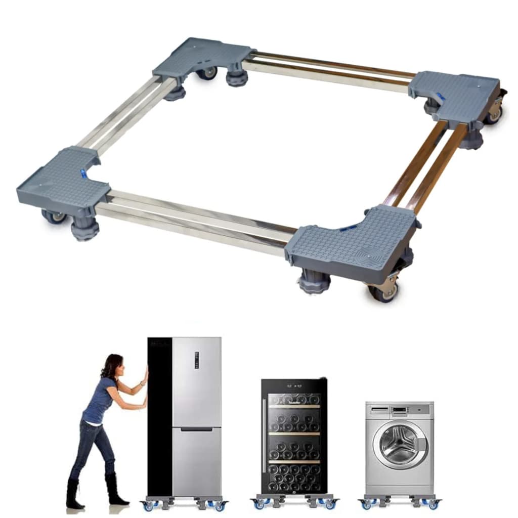 Base ajustável para máquina de lavar roupas com rodas e ajuste de altura, cinza e aço inoxidável