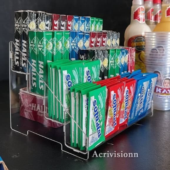 Expositor acrílico organizador para doces e esmaltes transparente com múltiplas divisórias