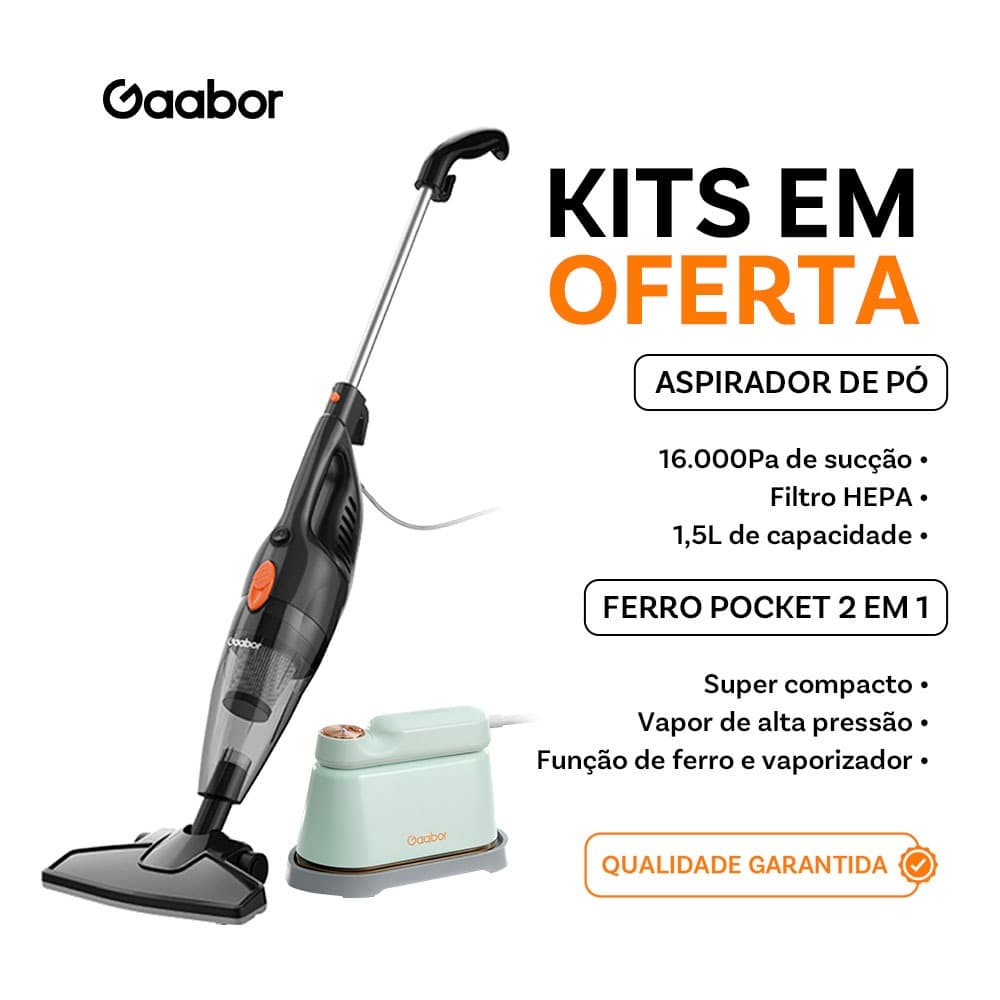 Kit limpeza Gaabor com aspirador portátil e ferro vapor 2 em 1