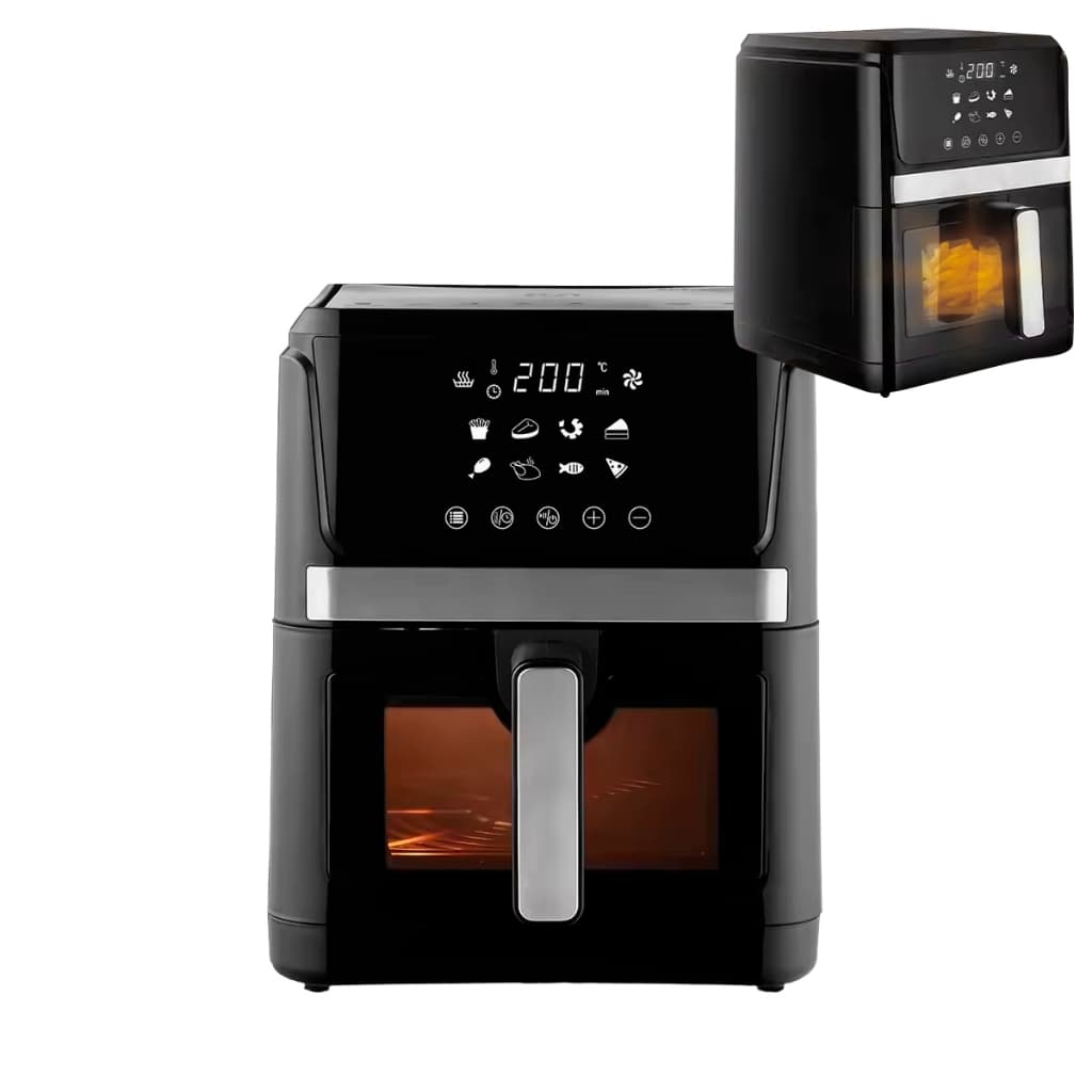 Fritadeira elétrica digital 8L, 1700W, 110V e 220V, com painel touch e tampa de vidro transparente.