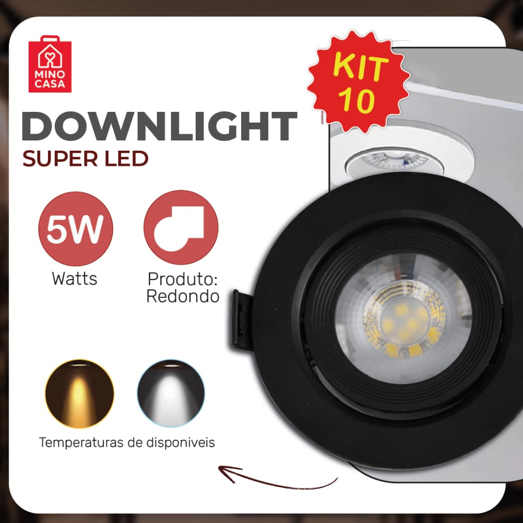 Kit 10 luminárias spot LED redondas 5W embutidas, bivolt, luz fria e quente, preto