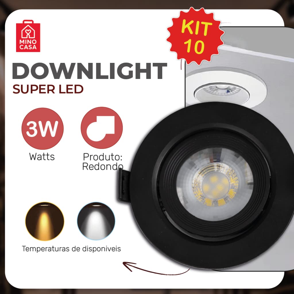 Kit 10 Luminárias Spot LED Redondas 3W para Embutir em Gesso de Teto Preto