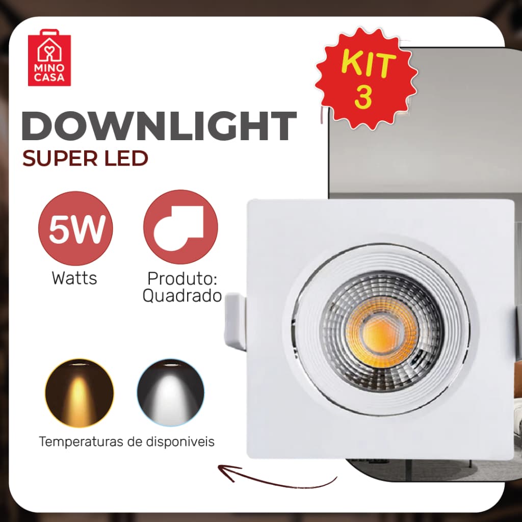 Kit de 3 luminárias spot LED quadrada direcionável 5W para teto de gesso, luz fria e quente, bivolt