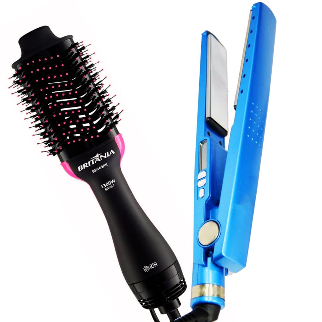 Escova Secadora Britânia Original BIvolt Pente de ar quente Alisador + Chapinha Nano Titanium 450F 127/220V