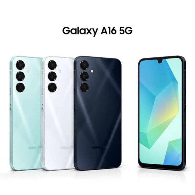 Samsung Galaxy A16 5G em três cores: azul claro, branco e preto com câmera quadrada e tela AMOLED.