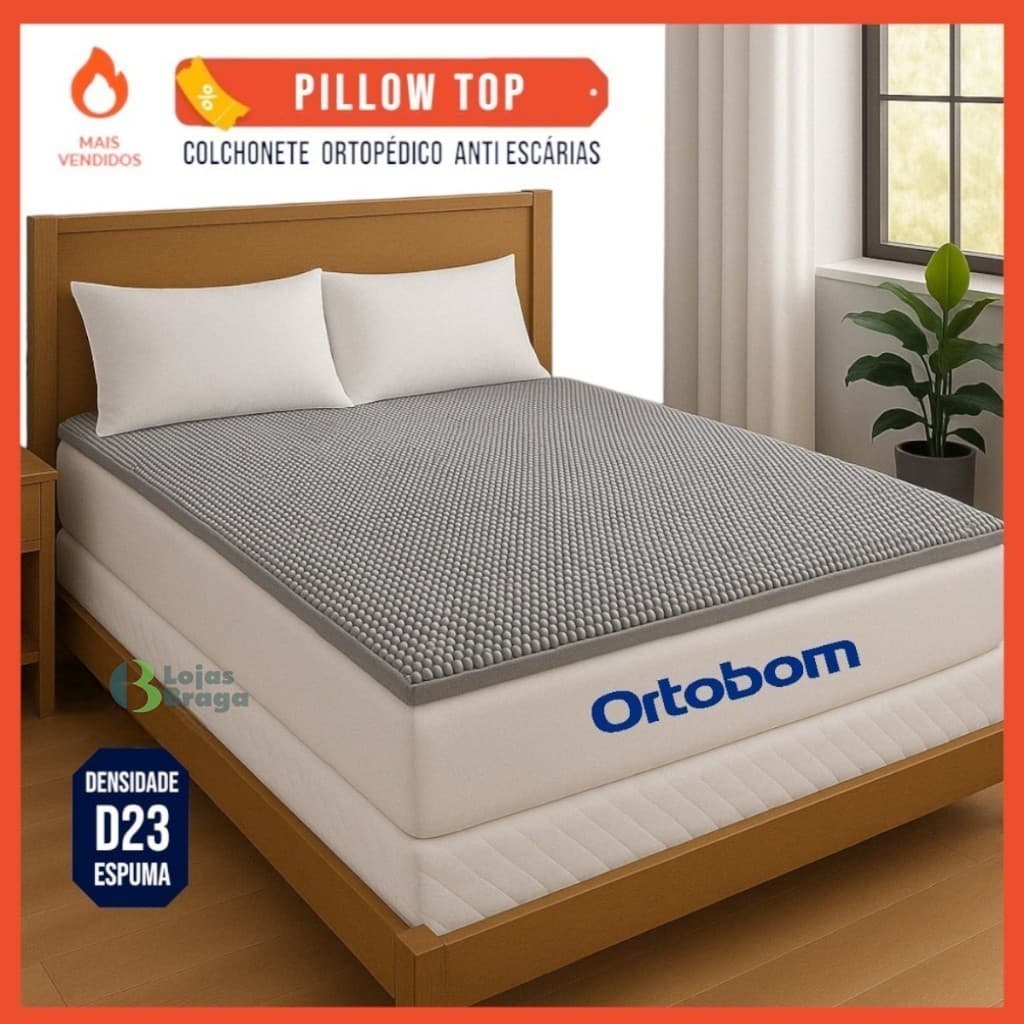 Colchão Ortobom Pillow Top antiescaras cinza e branco casal 190x130