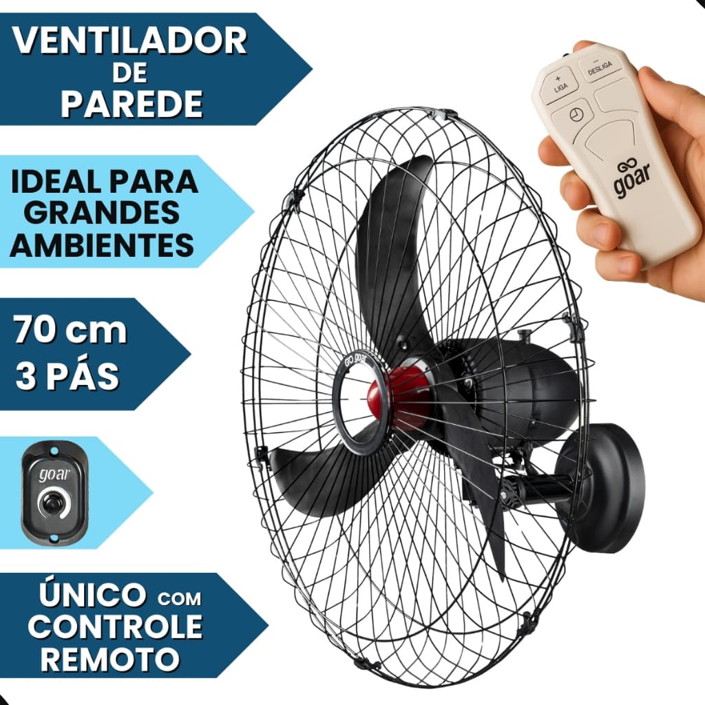 Ventilador de Parede Goar 70cm com Controle Remoto, Bivolt, 270W, para Grandes Ambientes