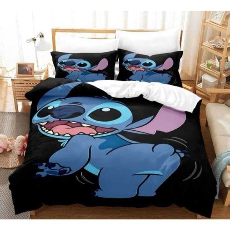 Jogo de cama infantil com estampa de Stitch, Disney, em fundo preto