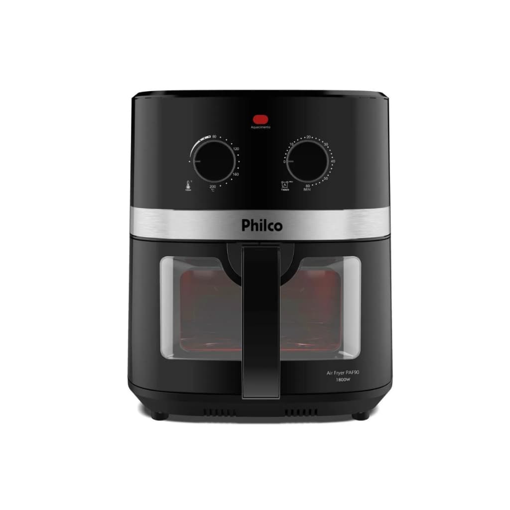 Fritadeira Air Fryer Philco 9 Litros, preta e prata, controles rotativos, botão vermelho, fundo branco