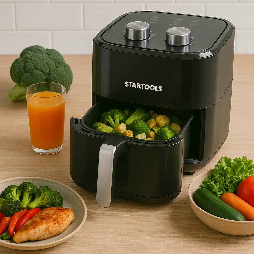 Fritadeira sem óleo Starttools 3 e 5 litros preta, cozinha com legumes cozidos